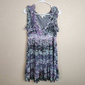 Jenny Han Purple Black and Green Abstract Floral Print Mini Dress Medium (4752)